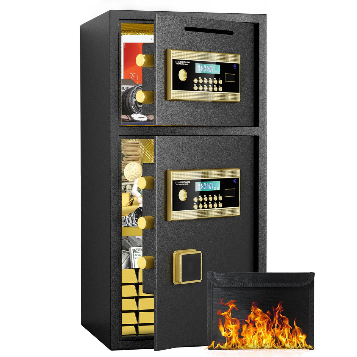 Large Double Door Digital Security Safe with Fireproof and Waterproof Bag - Black