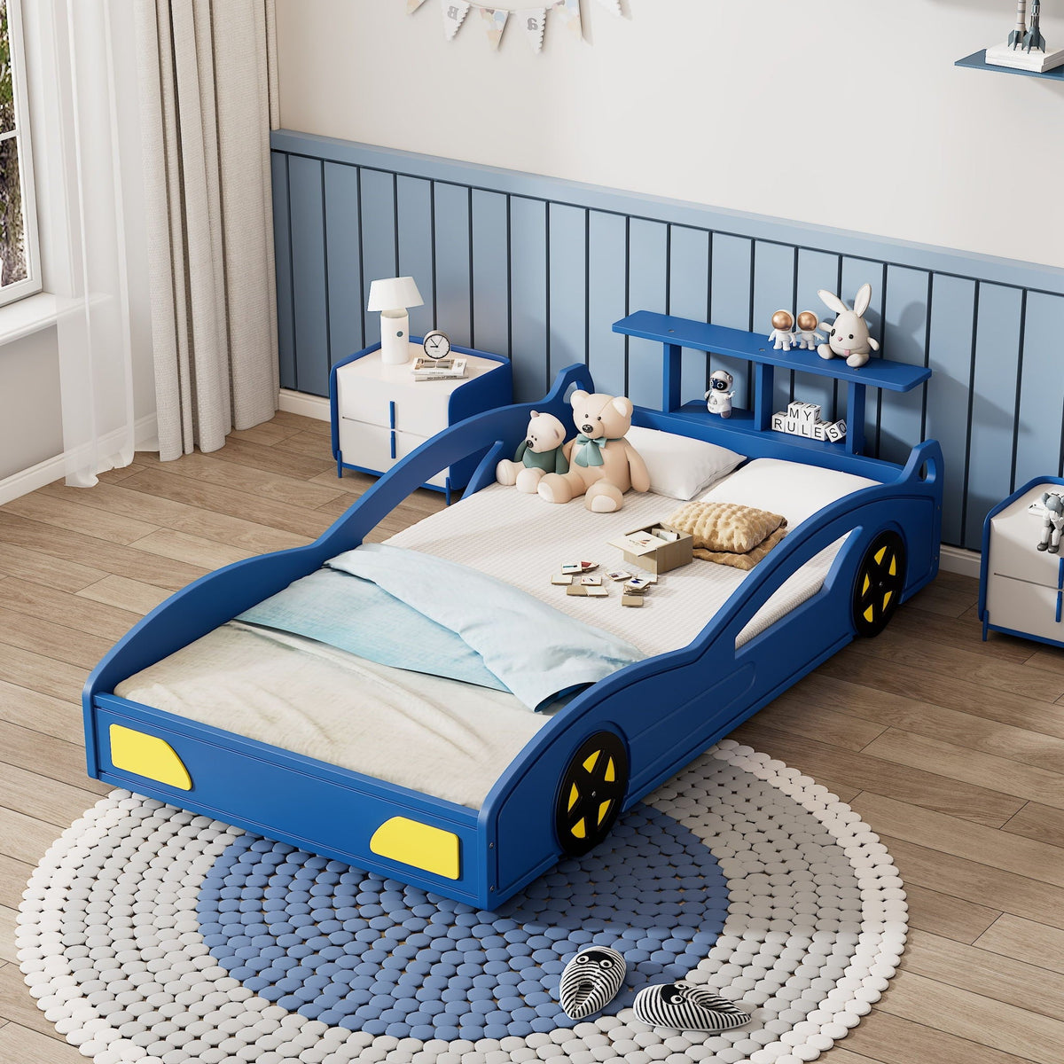 Race Car Platform Bed with Built-In Storage and Side Rails - Twin Size, Red or Blue