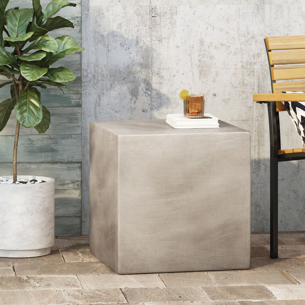 Square Lightweight Side Table with Travertine Finish - Gray or Beige
