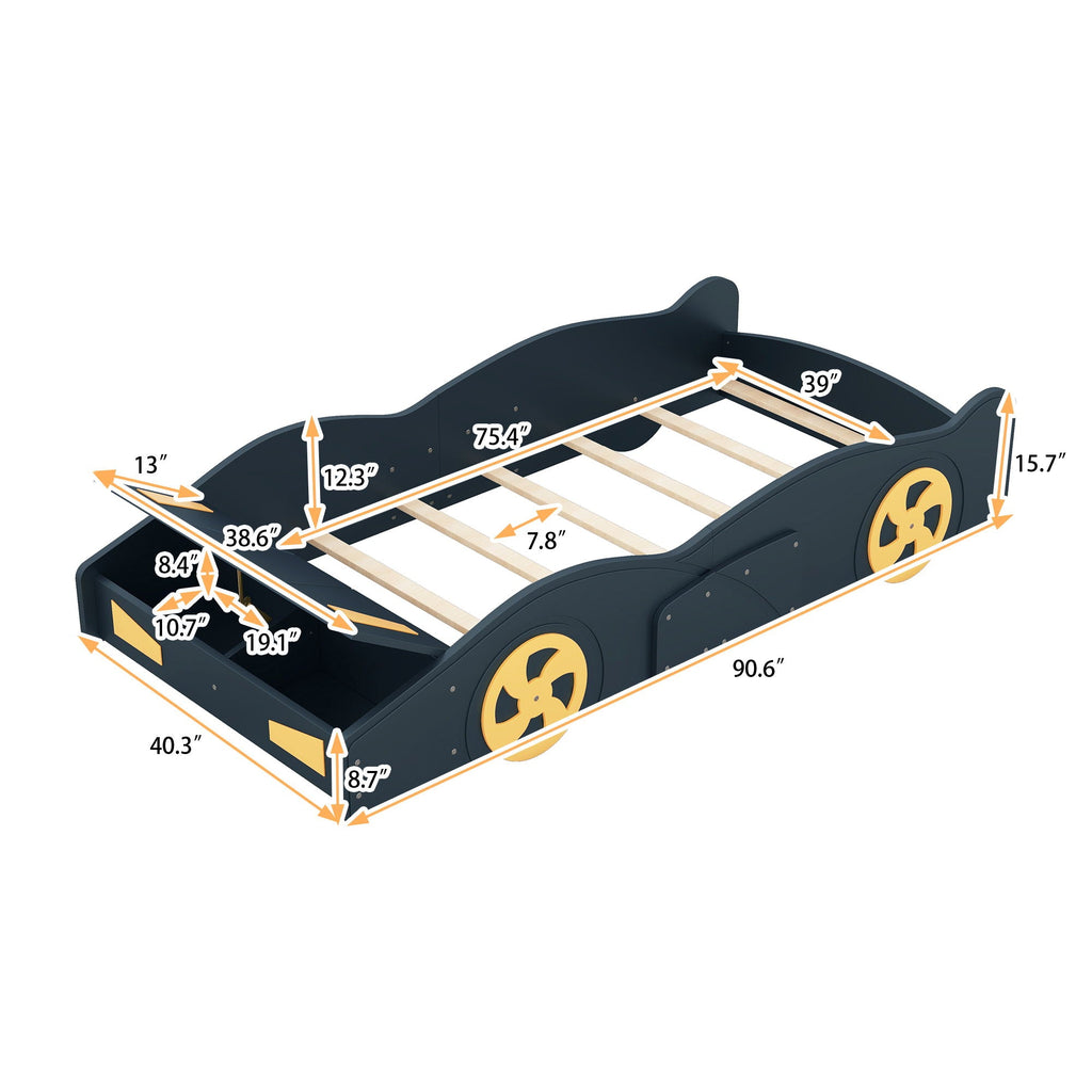 Race Car Platform Bed with Storage and Wheels - Black or Blue