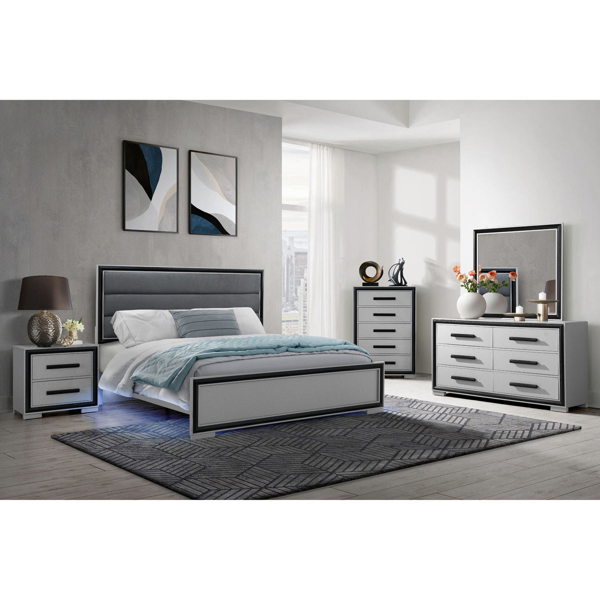Gray Platform Bed with LED Headboard - Solid Wood