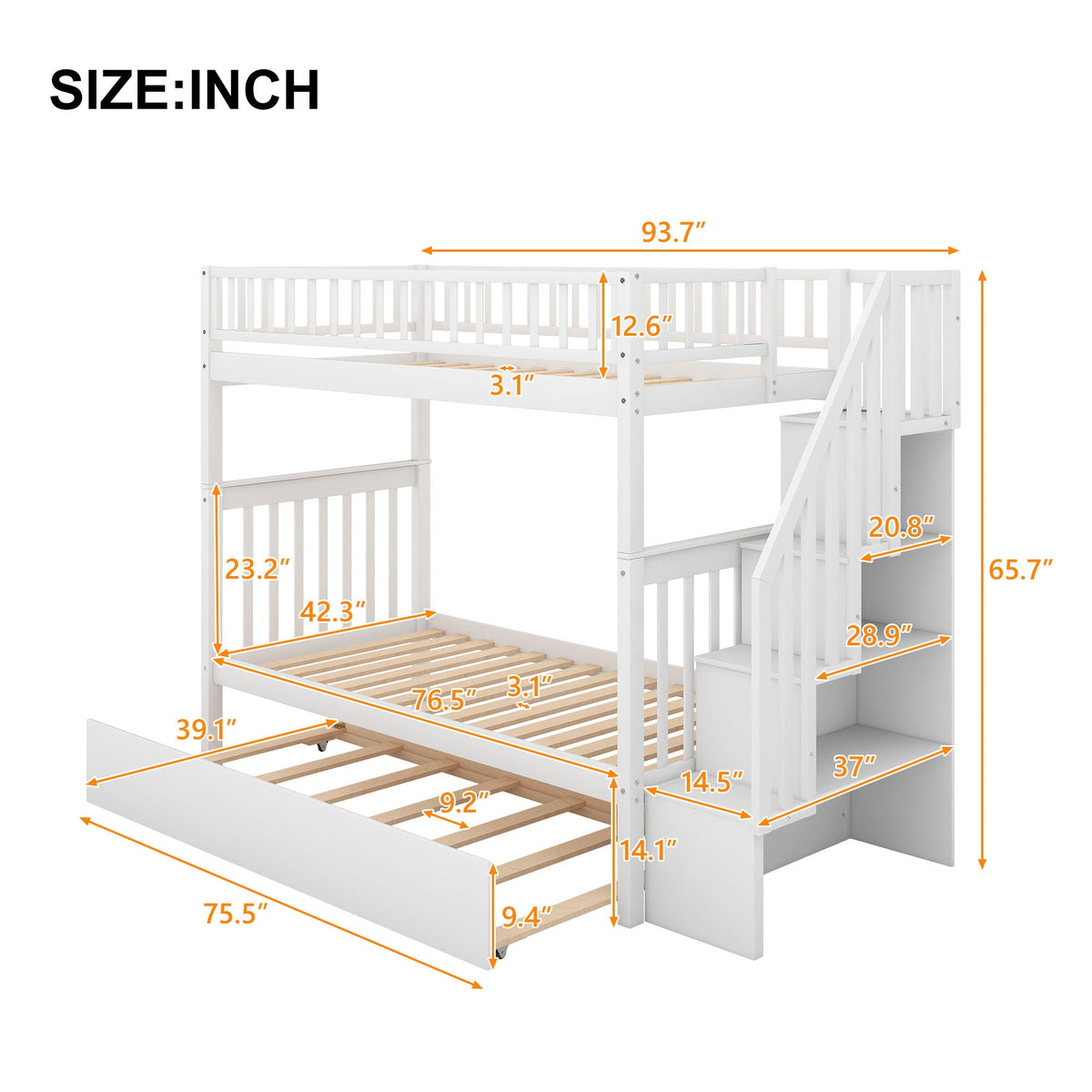 Bunk Bed with Staircase and Storage Options - Dark Gray or White