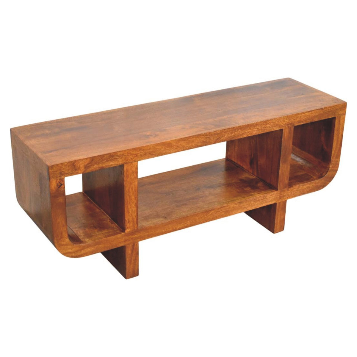 Solid Wood Orion Curved Media Unit with Open Shelves - Chestnut Finish