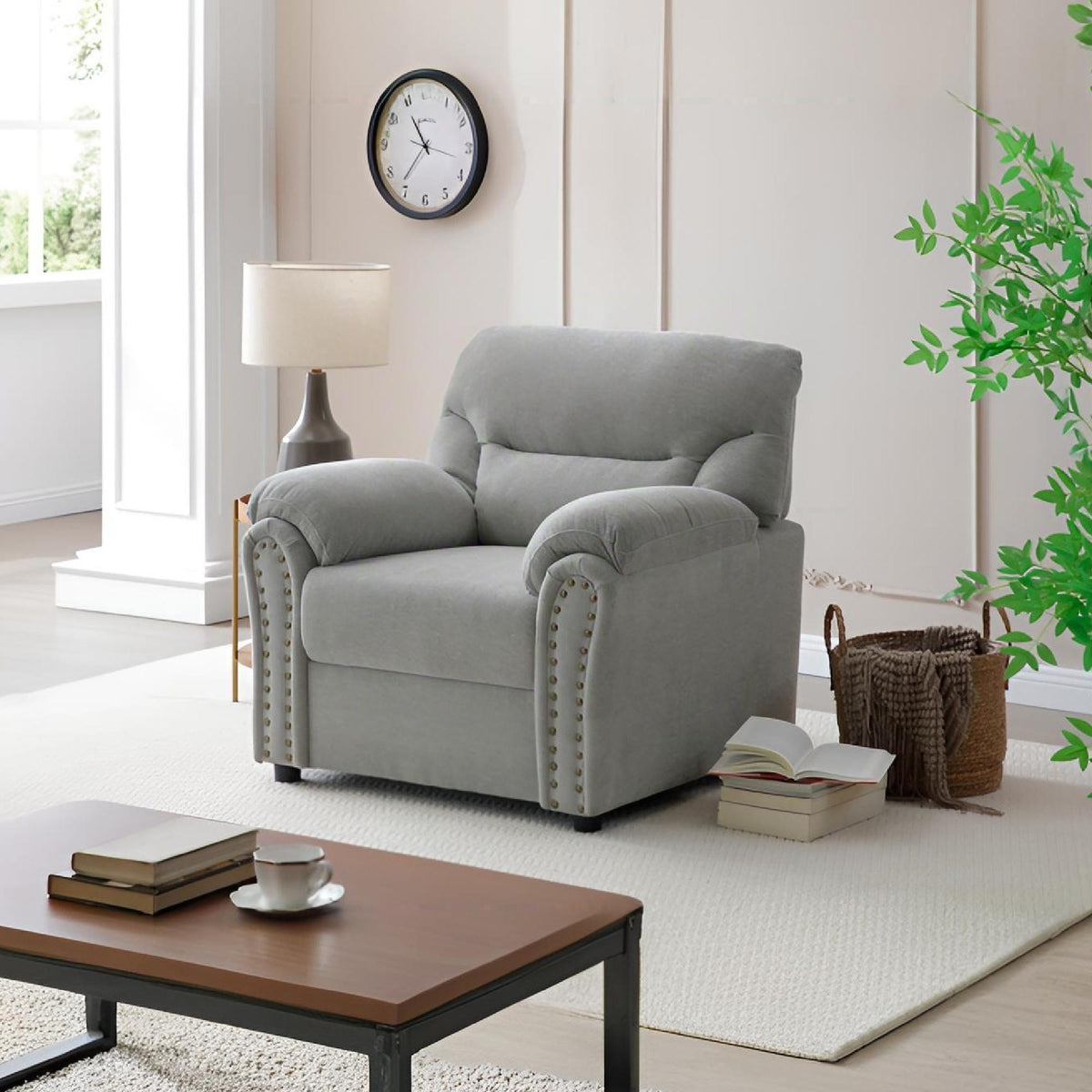 Hamilton Arm Chair with Hand-Applied Nailhead Trim and Pillow Top Cushions - Blue, Gray, Dark Brown