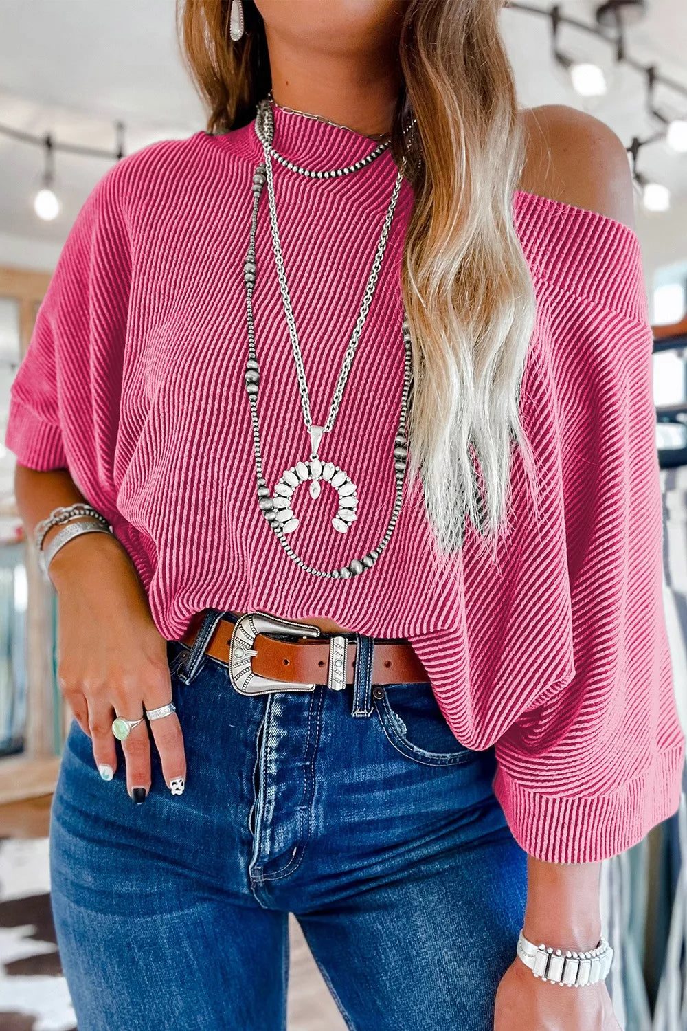 Ribbed Knit Off-Shoulder Blouse