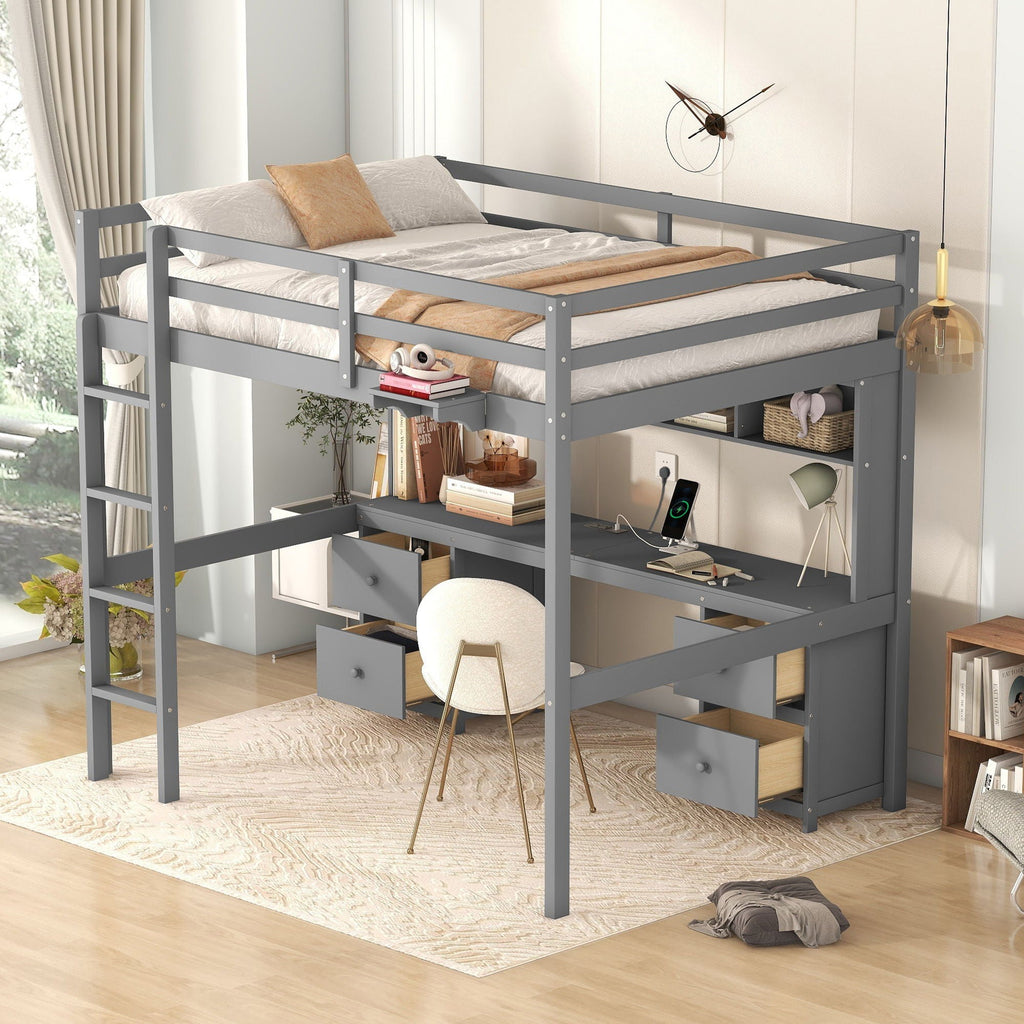 Loft Bed with Desk, Cabinets, Drawers and Charging Station - Full Size