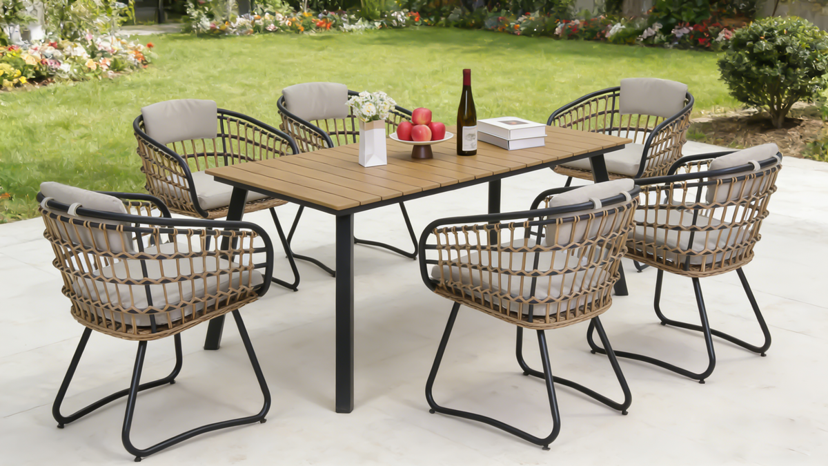 7-Piece Outdoor Wicker Dining Set with Wood-Plastic Composite Table - Yellow