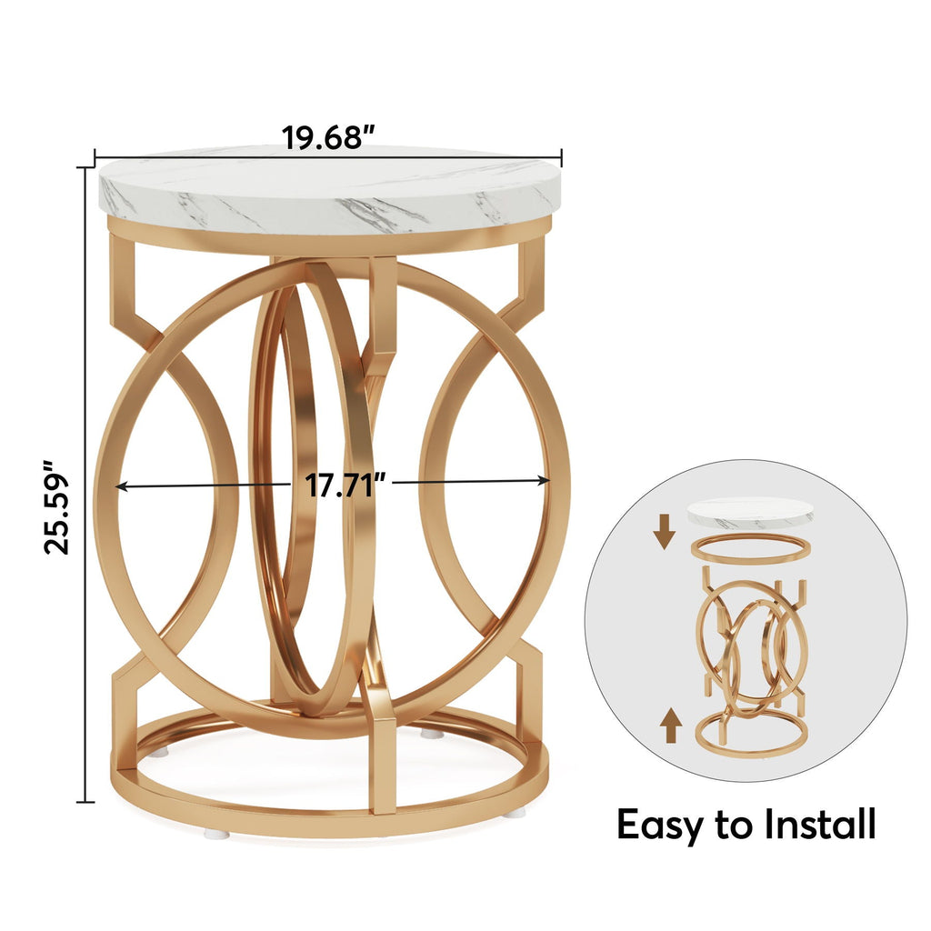 Round End Table with O-Shaped Base - White / Gold
