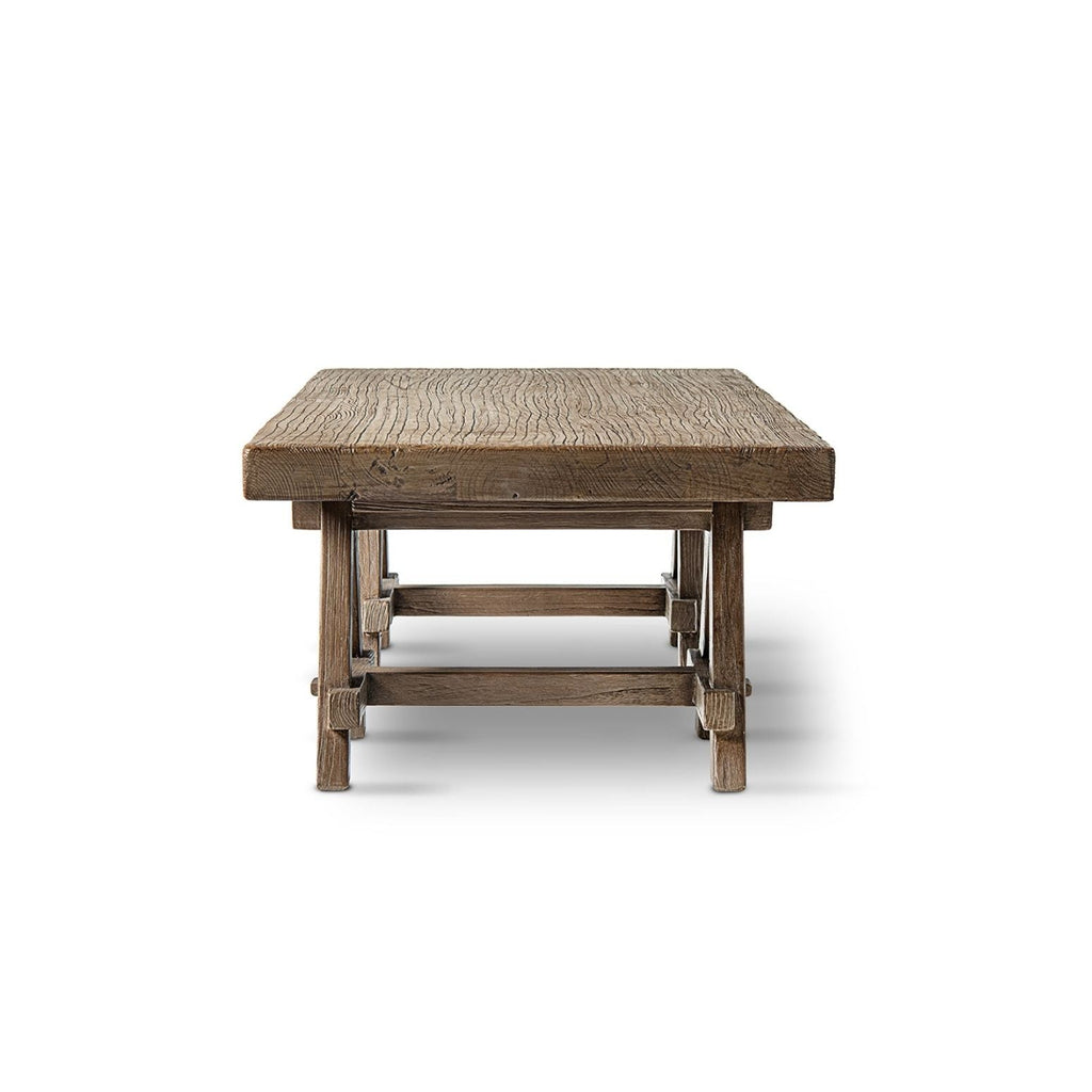 Trestle Coffee Table with Solid Reclaimed Elm Construction - Dark or Light Brown