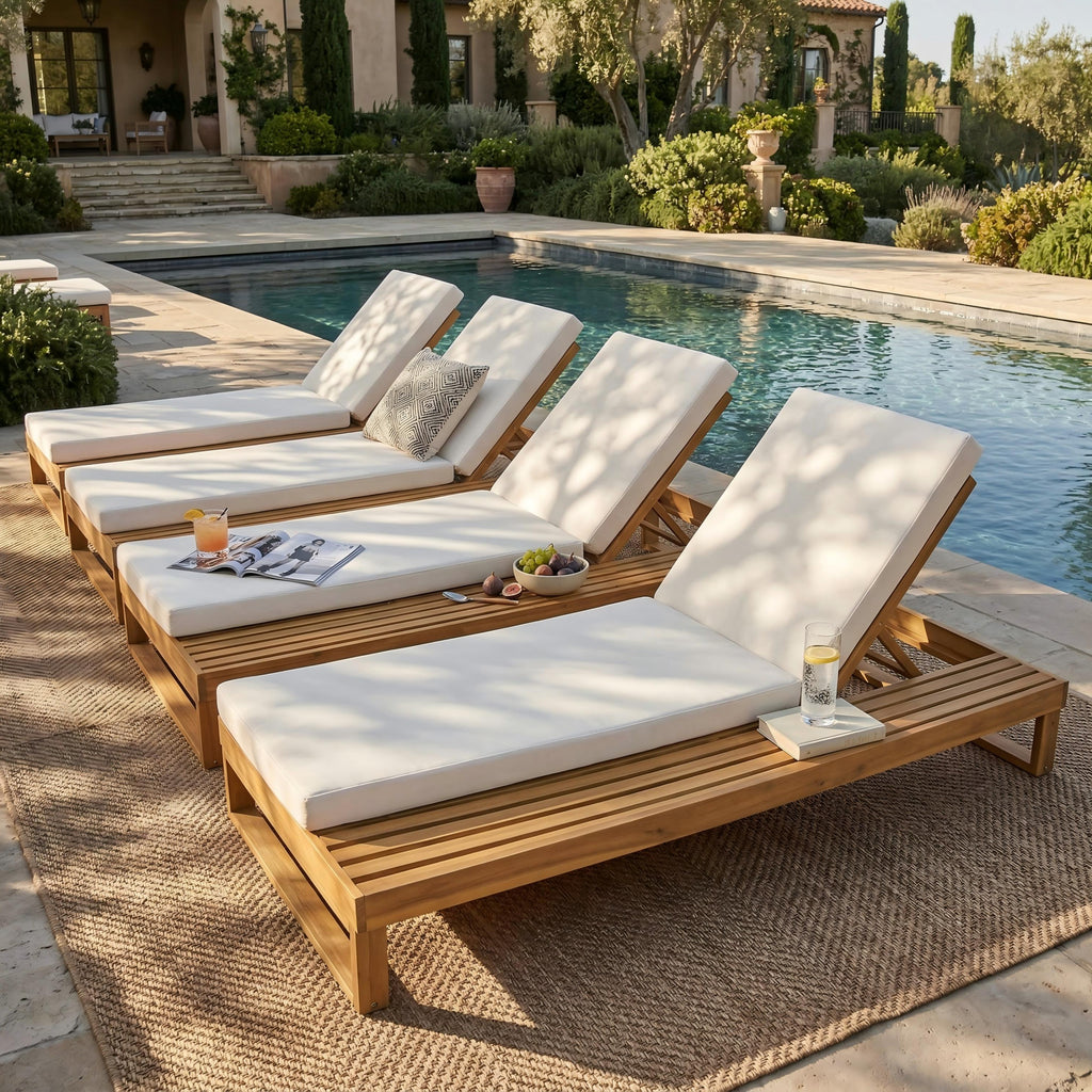 Teak Finish Acacia Wood Chaise Lounge with 4-Inch Cushion - Cream