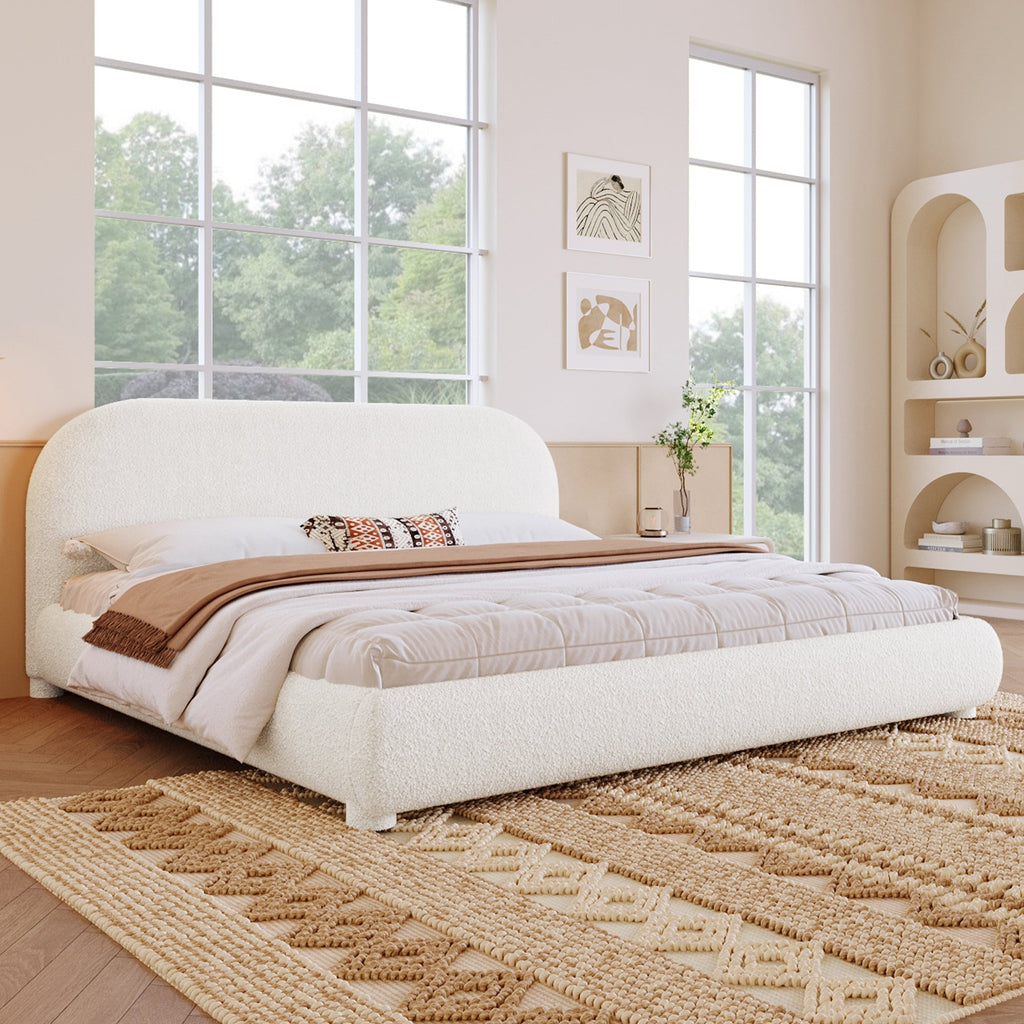 Cream Style Fabric Upholstered King Bed with Curved Headboard - Cream