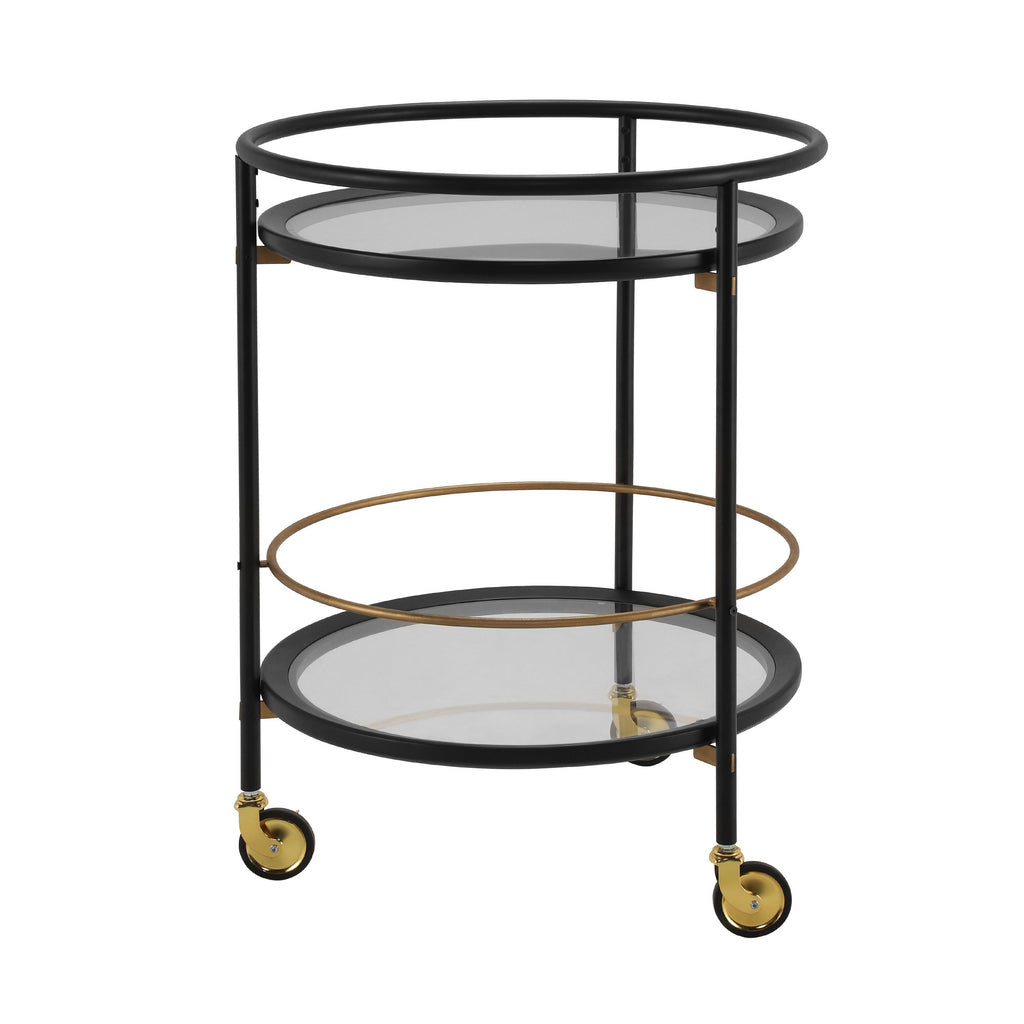 Modern Round Bar Cart with Tempered Glass Shelves - Black and Gold