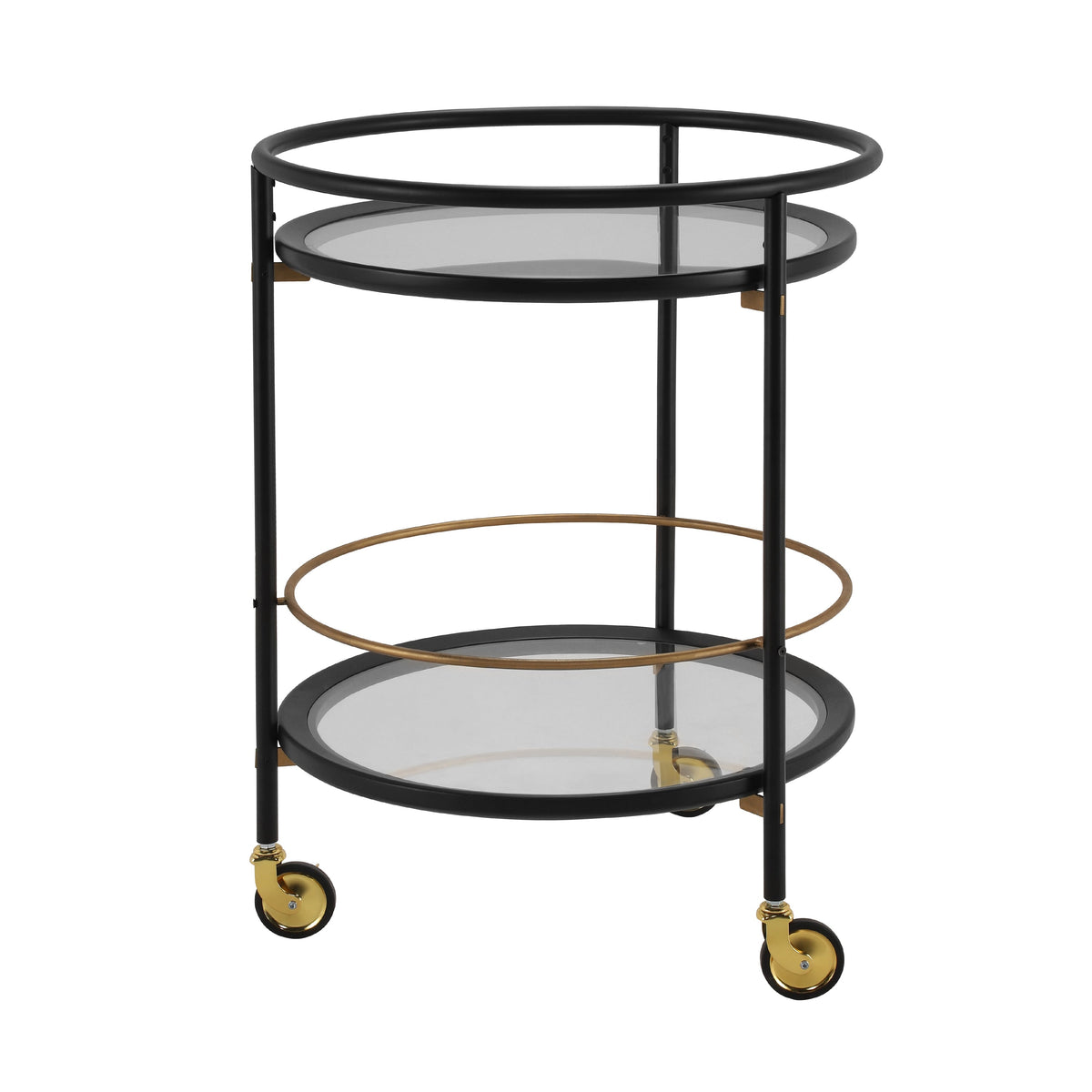 Modern Round Bar Cart with Tempered Glass Shelves - Black and Gold