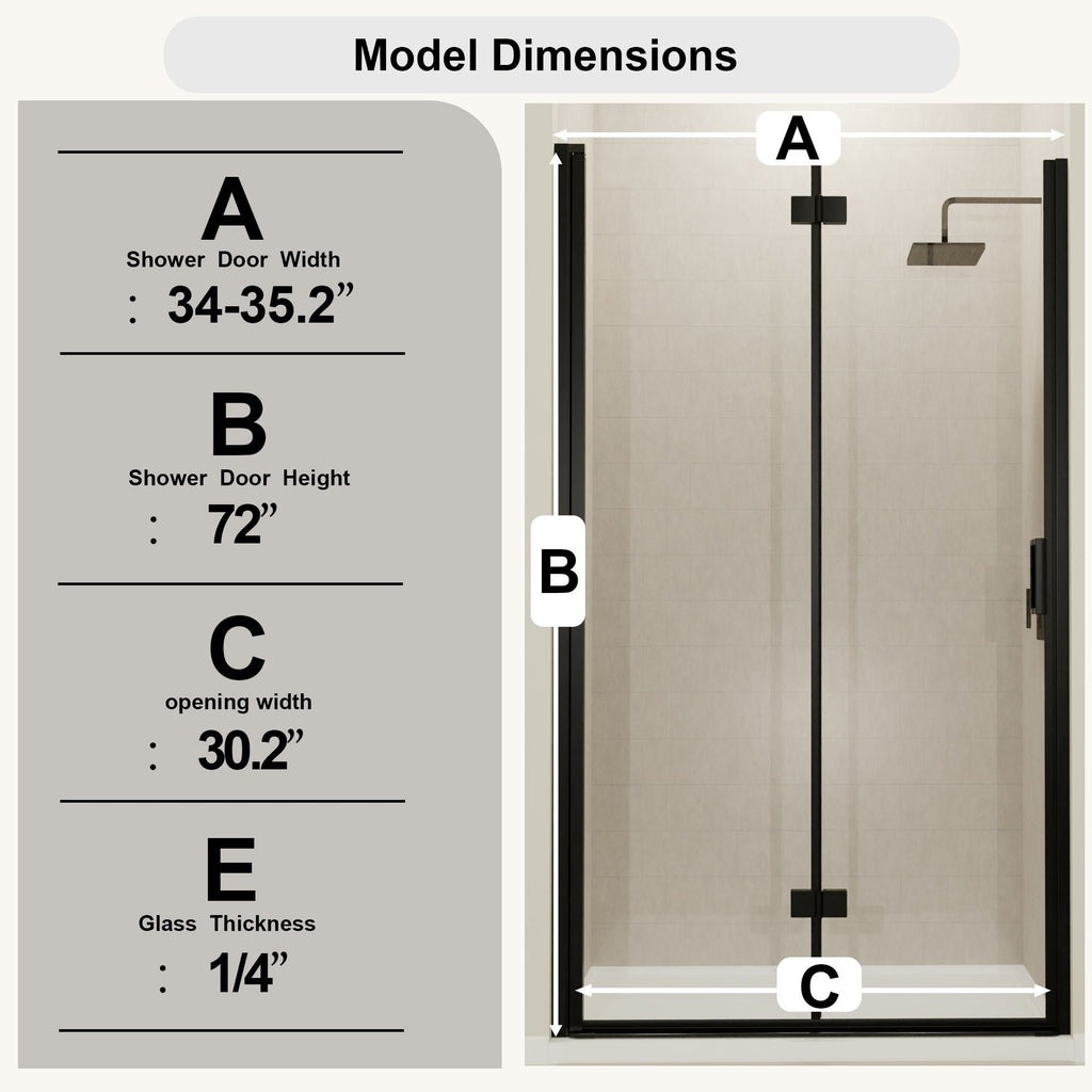 Semi Frameless Bifold Pivot Shower Door with Reversible Installation - Black
