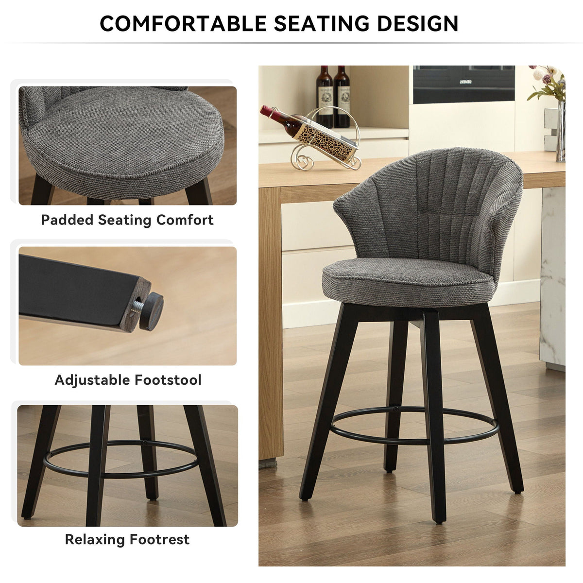 Wing Back Swivel Bar Stools with Adjustable Leveling Feet - Dark Gray or White