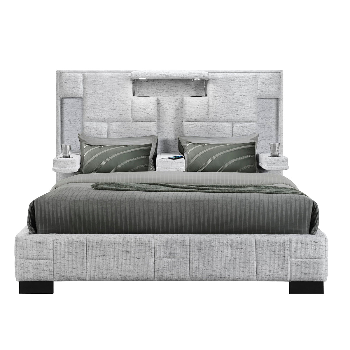 Yaris Upholstered Bed with Wireless Charging and LED Lights - Gray or Blue
