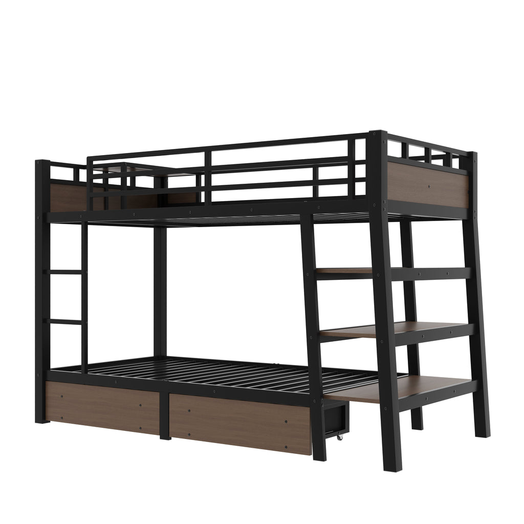Twin Size Metal Bunk Bed with Storage Shelves and LED Light Strip - Black