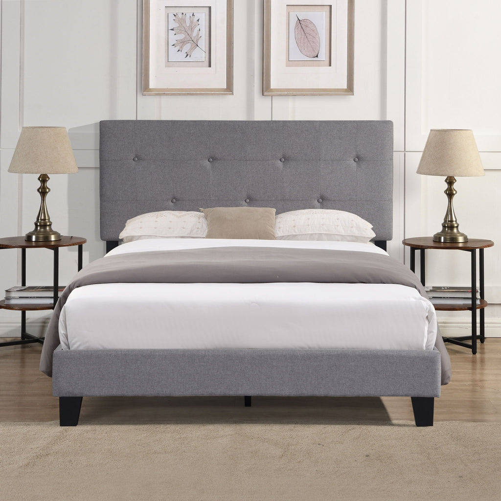 Full Size Upholstered Platform Bed Frame with Button Tufted Linen Headboard - Gray