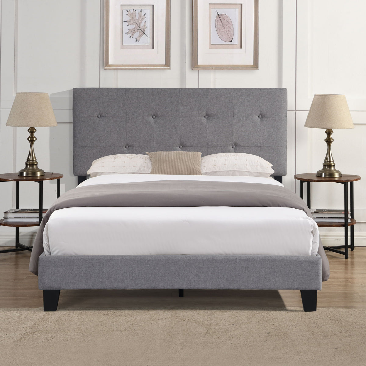 Full Size Upholstered Platform Bed Frame with Button Tufted Linen Headboard - Gray