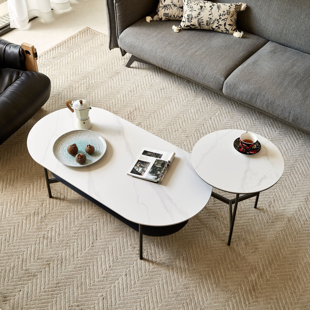 Contemporary Coffee Table with Sintered Stone Surface and Double Layer - White / Gray
