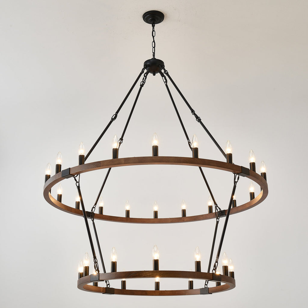 Large Solid Wood Wagon Wheel Chandelier with 2-Tier 32 Lights