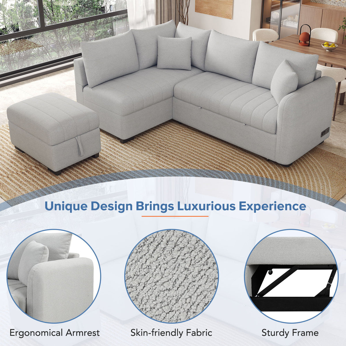 L-Shaped Sleeper Sectional with Pull-Out Bed and Storage Ottoman - Gray or Beige