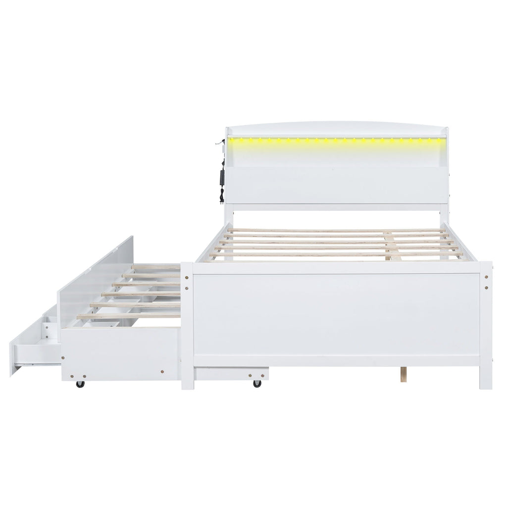 Full Size Platform Bed with Storage LED Headboard and Twin Trundle - White
