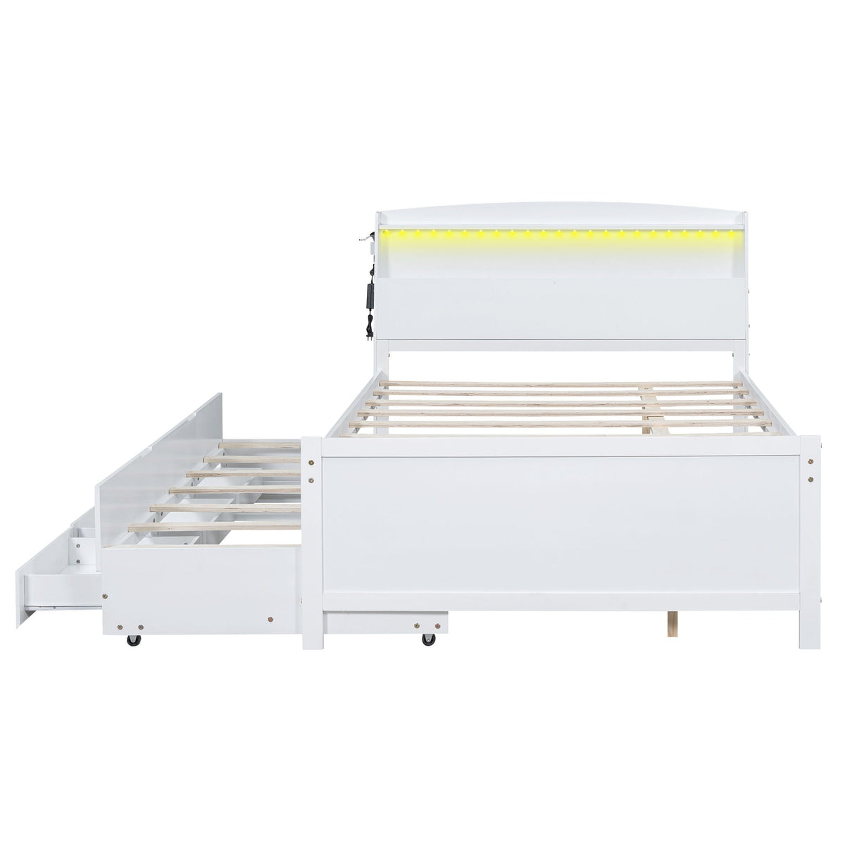 Full Size Platform Bed with Storage LED Headboard and Twin Trundle - White