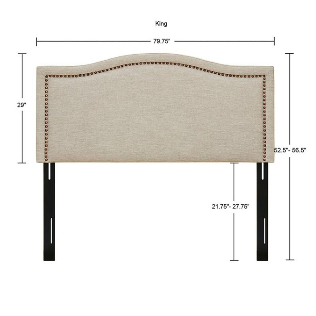 Light Brown Panel Upholstered Headboard with Copper Nailheads – Adjustable Metal Legs