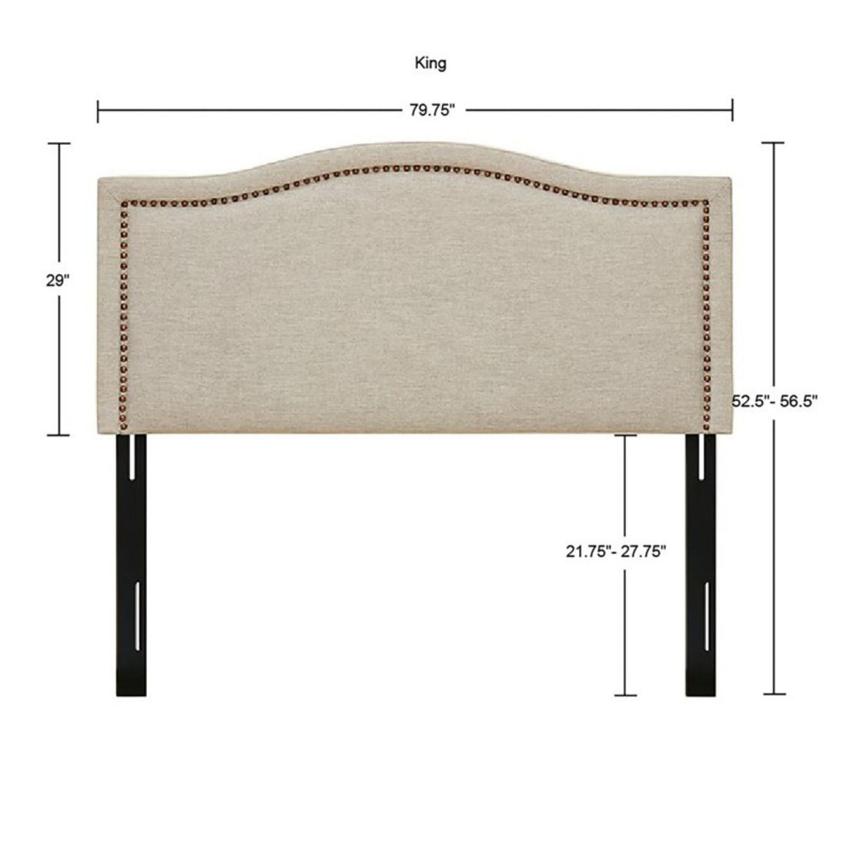 Light Brown Panel Upholstered Headboard with Copper Nailheads – Adjustable Metal Legs