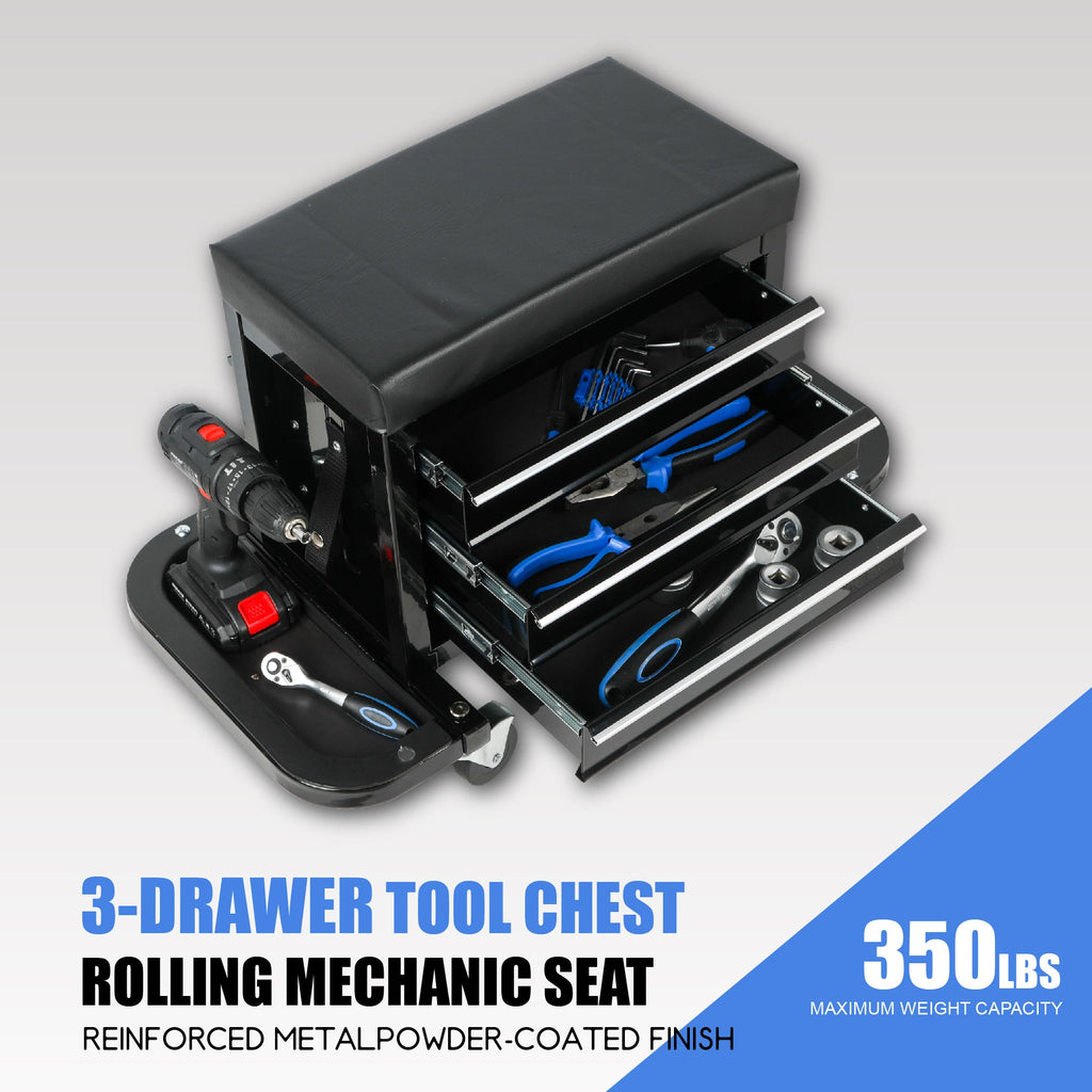 3-Drawer Tool Chest Rolling Mechanic Seat with Tool Trays - Steel