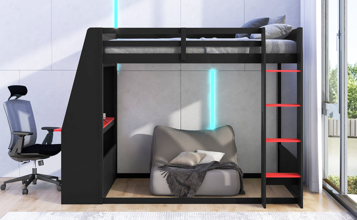Full Size Wooden Gaming Bunk Bed with Desk and LED Light - Black/Red