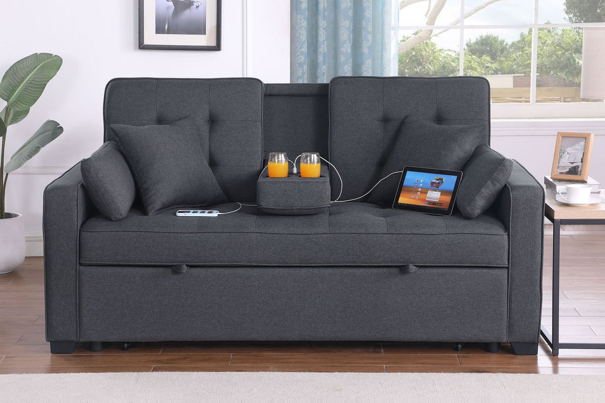Convertible Sleeper Loveseat with Cup Holder & Charging Ports - Dark Gray