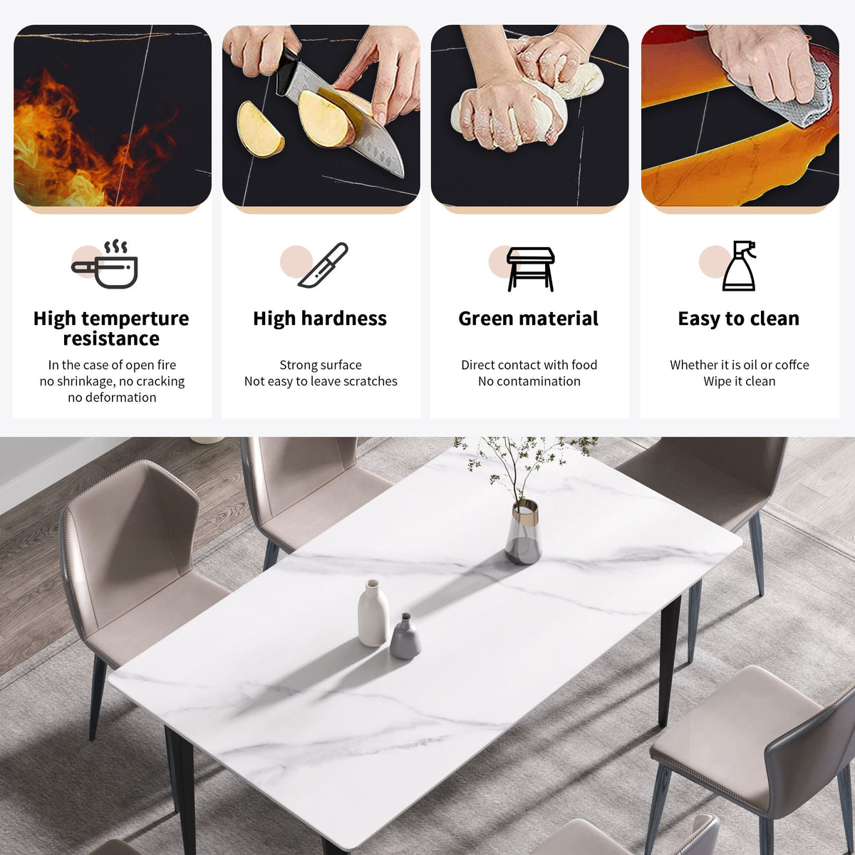 Modern Artificial Stone Dining Table with Black Metal Legs - White