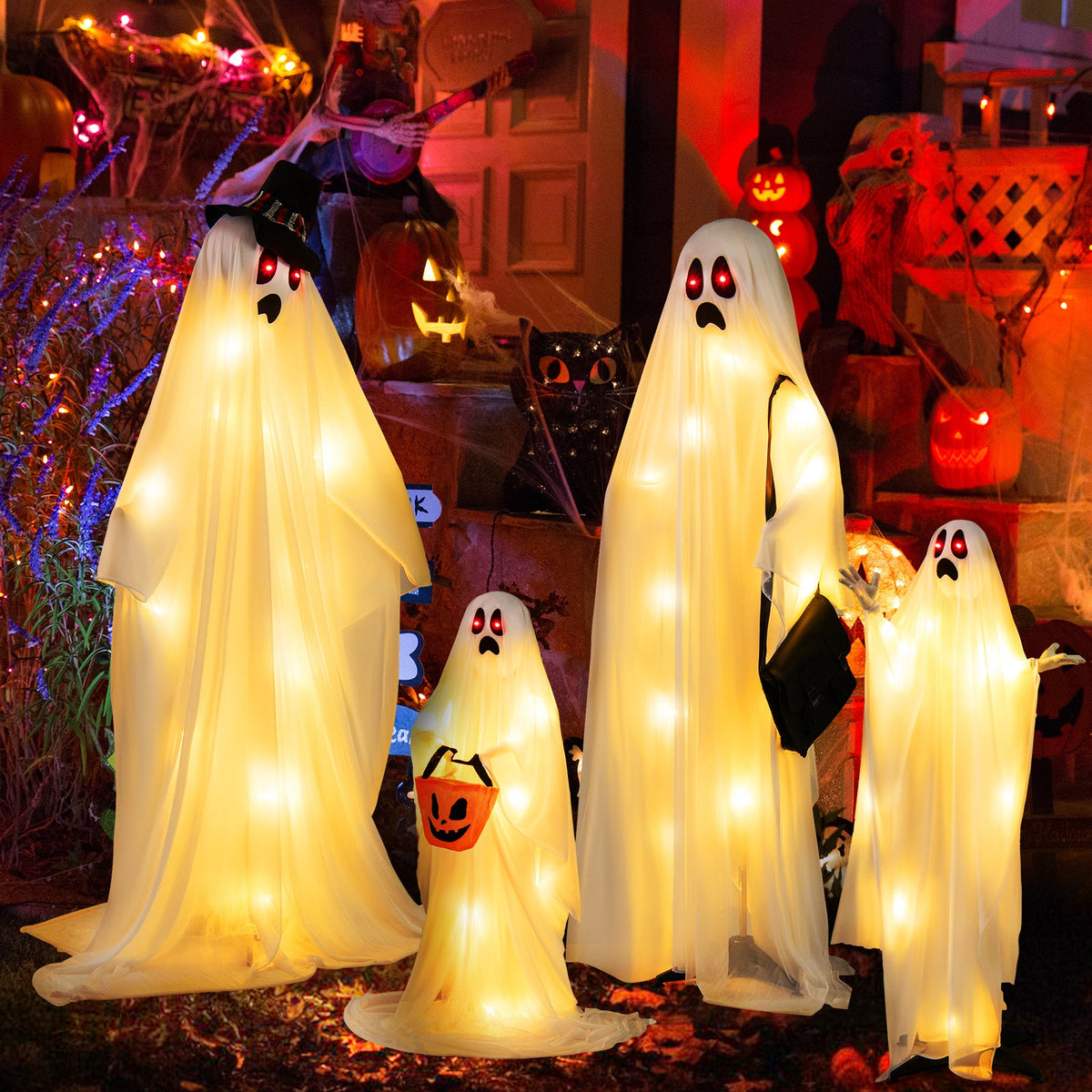 4 PCS Halloween Light up White Cloth Ghost Family with Red and Warm White LED Lights