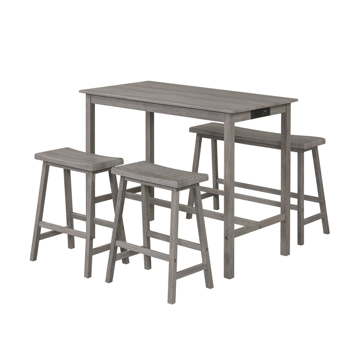 4-Piece Counter Height Dining Table Set with Power Outlet Solid Rubber Wood Kitchen Table