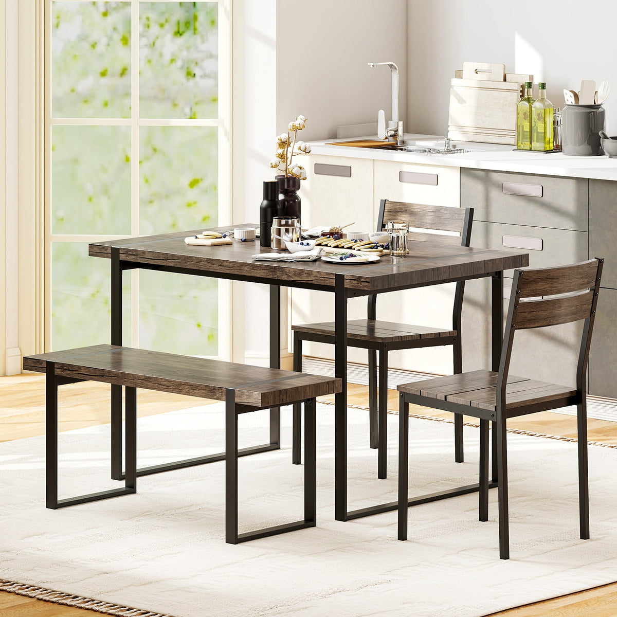 4-Piece Dining Table Set for 4 with 1 Bench and 2 Chairs-Gray