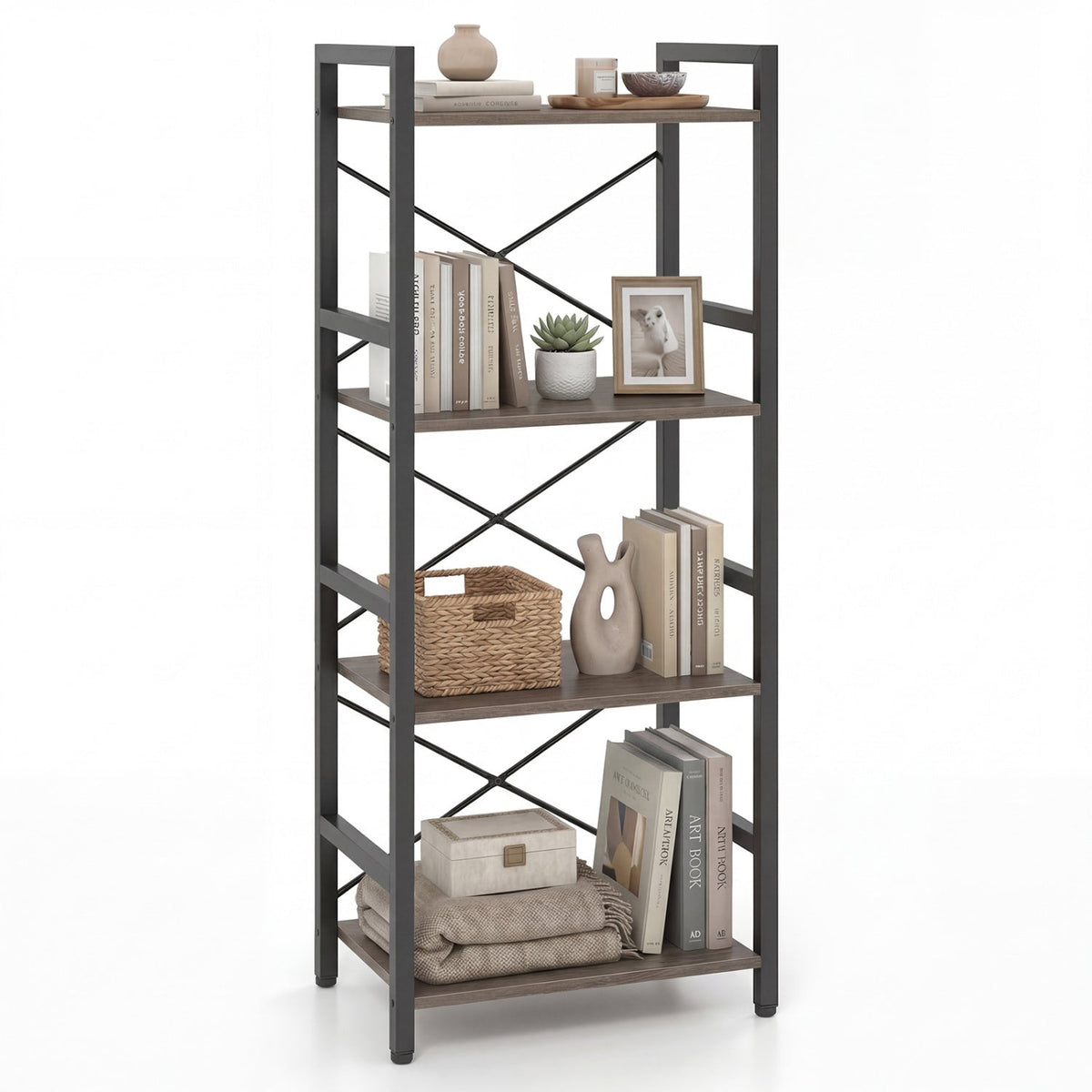 4-Tier Bookshelf Narrow Freestanding Display Shelf with Metal Frame