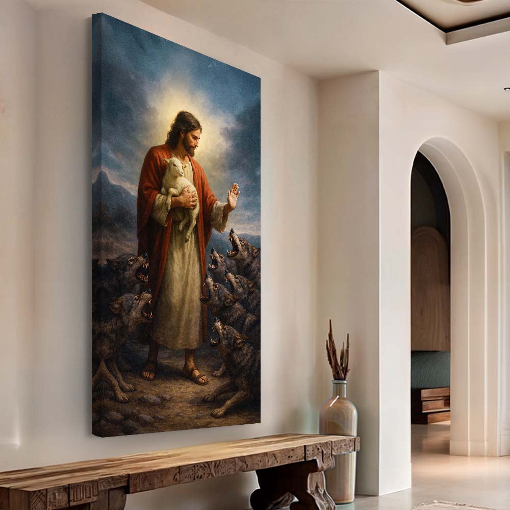 Jesus Protects The Lamb From Wolves Faith Wall Art V