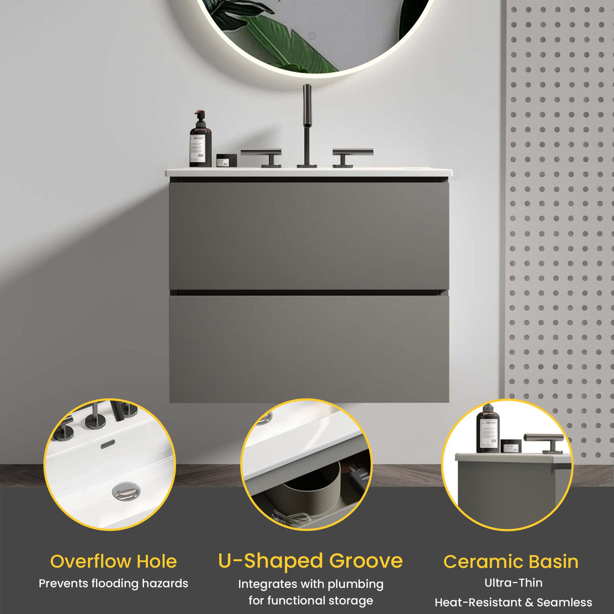 Space Grey 24-Inch Wall Mount Bathroom Vanity with Extra Storage