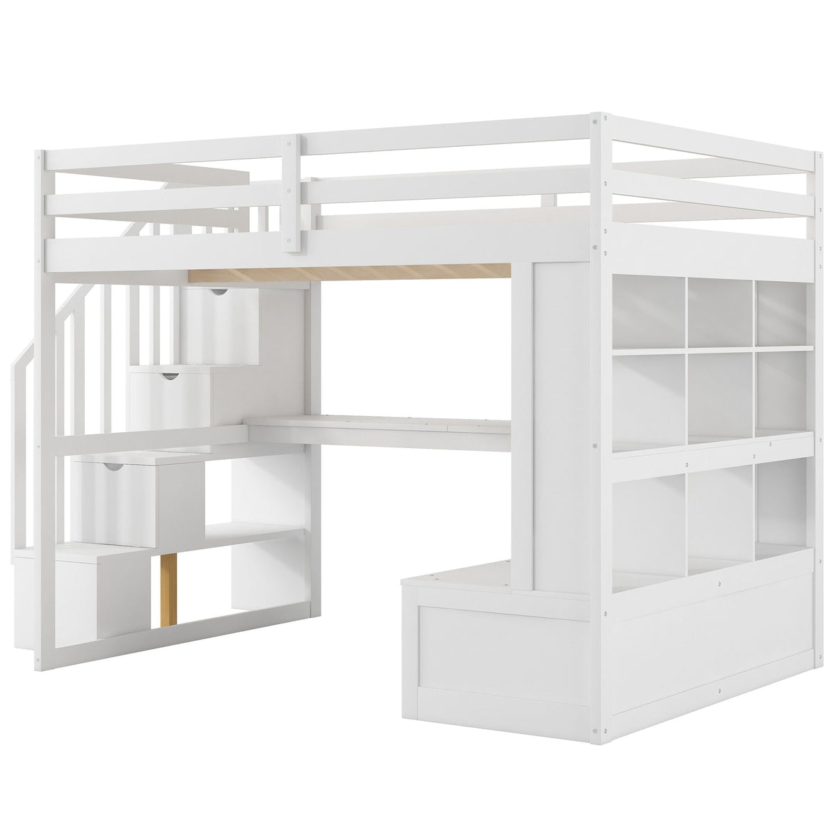 Full Size Loft Bed with Desk, Drawers & Storage Staircase - White