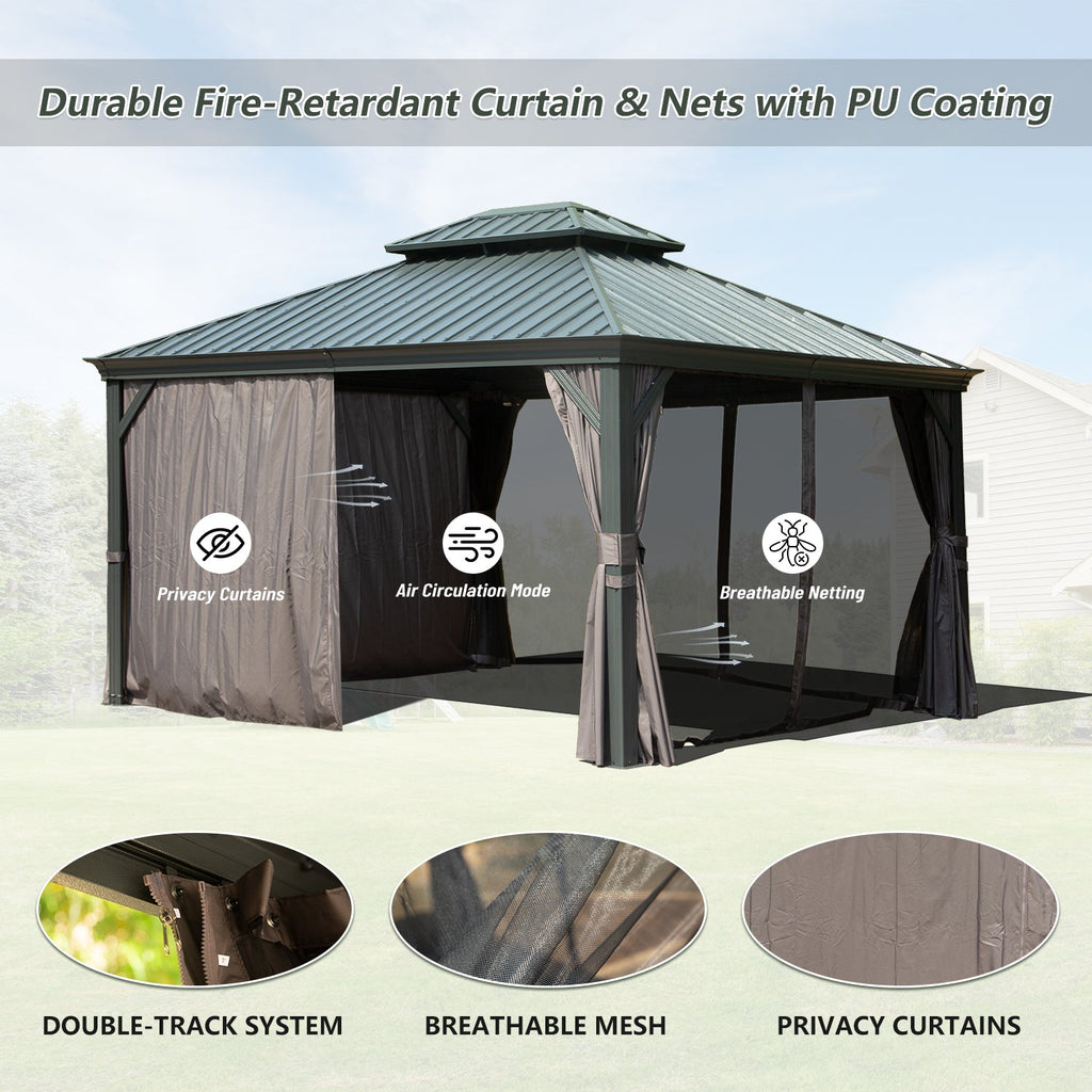 10' x 12' Hardtop Gazebo with Double Roof Canopy and Aluminum Frame - Grey