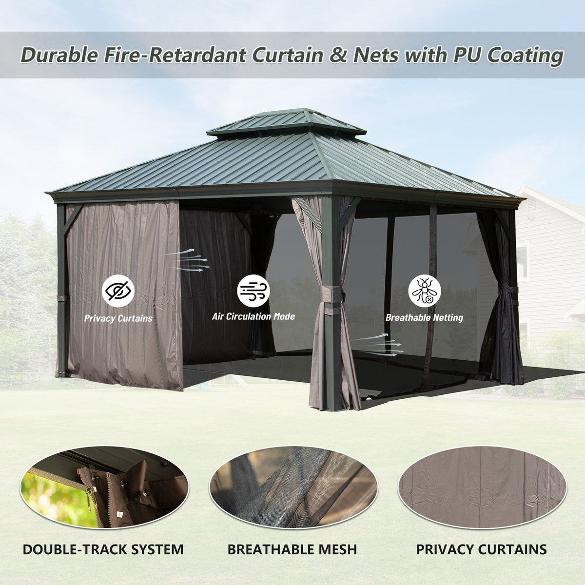 10' x 12' Hardtop Gazebo with Double Roof Canopy and Aluminum Frame - Grey