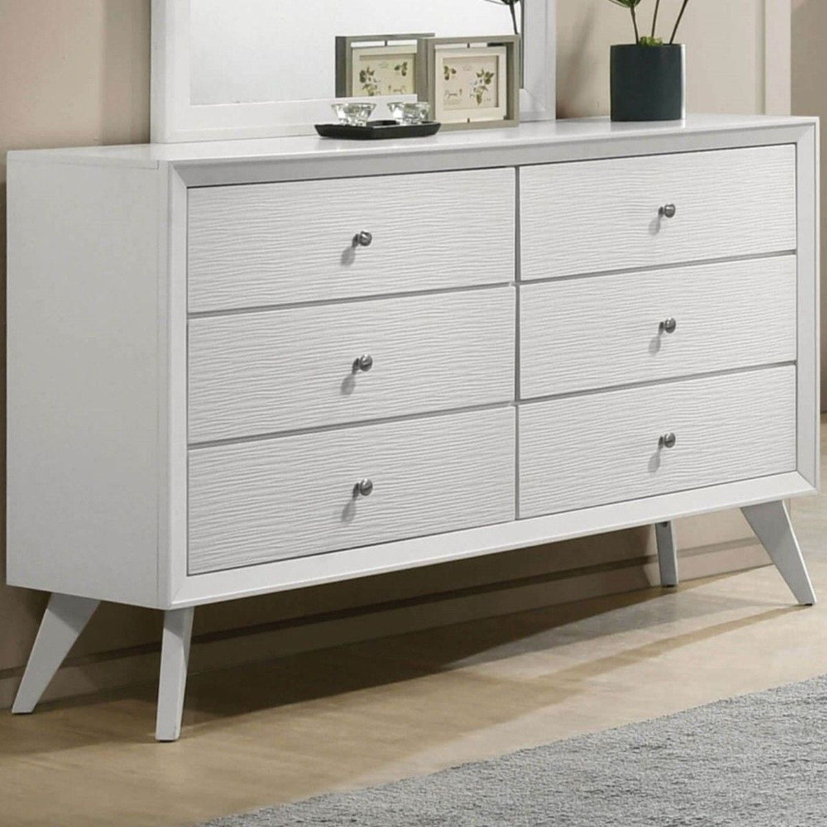 White Dresser With Angled Legs and Wave Texture - Solid Wood
