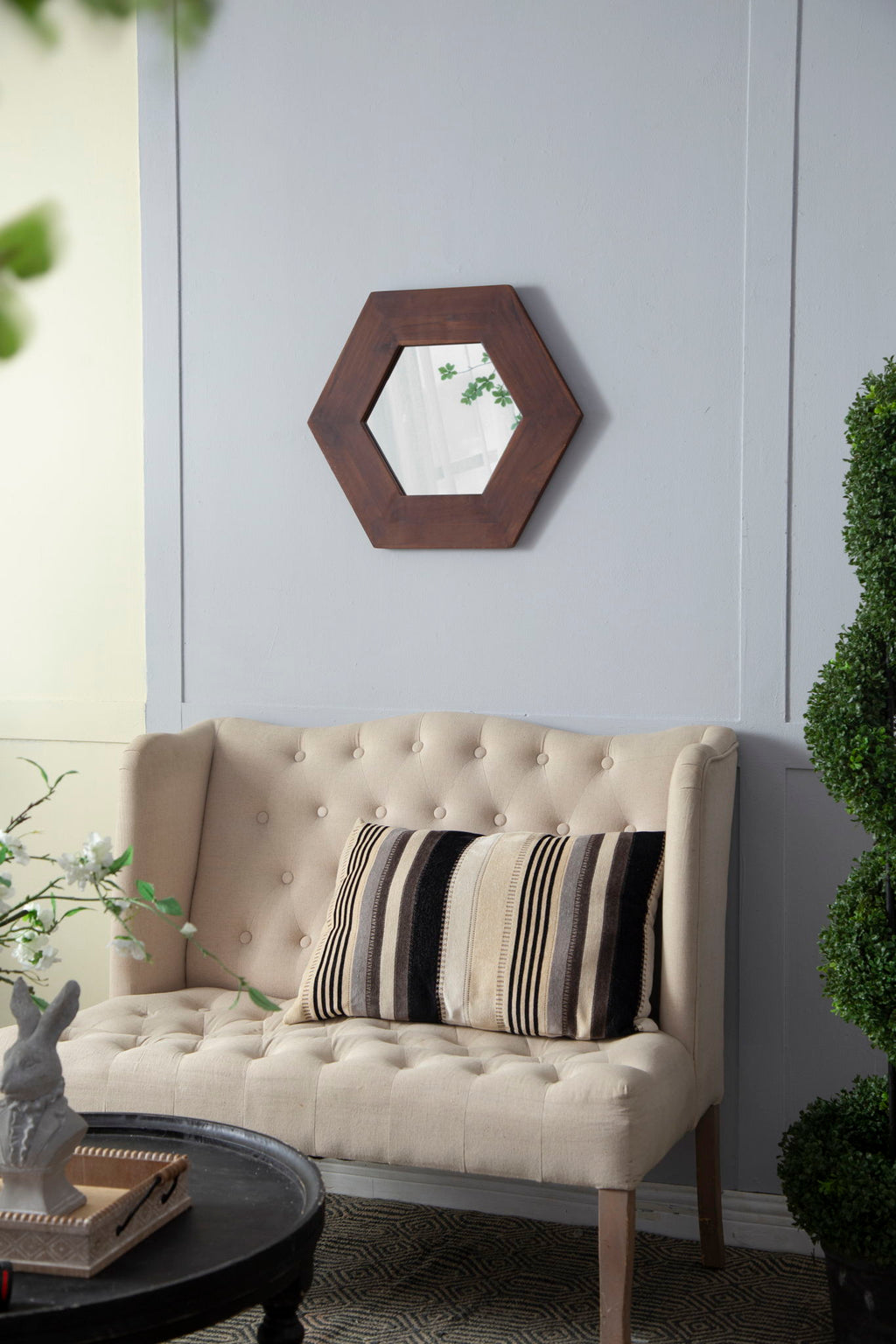 Hexagon Accent Mirror with Solid Teak Wood Frame - Light Brown, Dark Brown, Black
