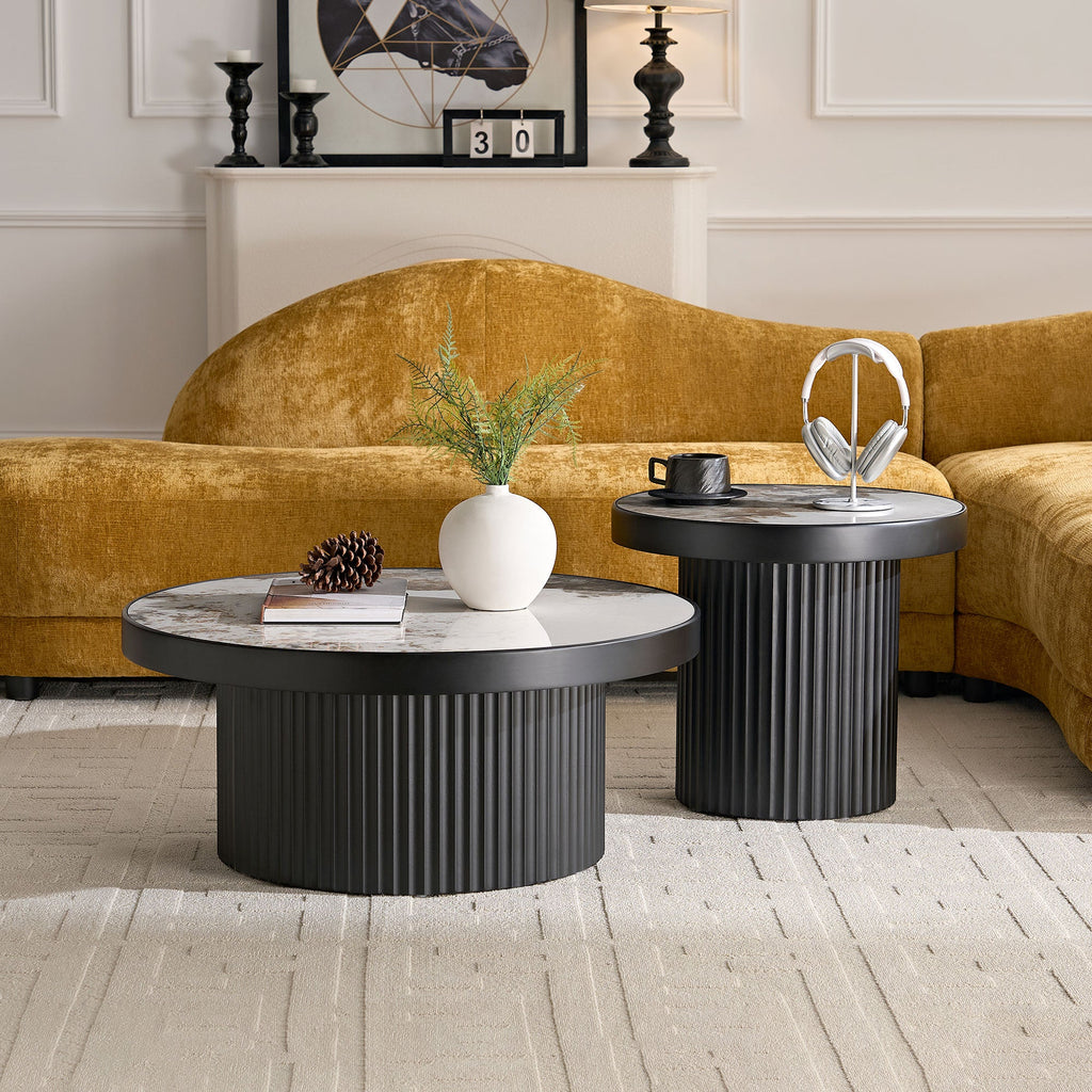 Set of 2 Coffee Tables with Sintered Stone Tabletops - Black