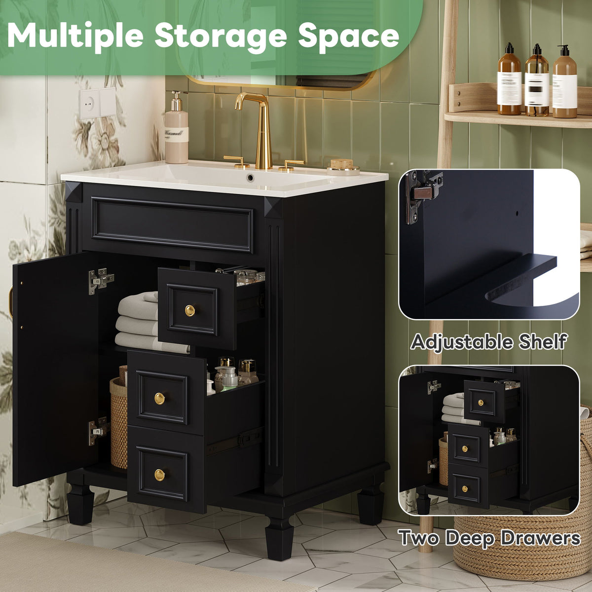 Bathroom Vanity With Sink, Compact Cabinet & 2 Drawers And Adjustable Shelf