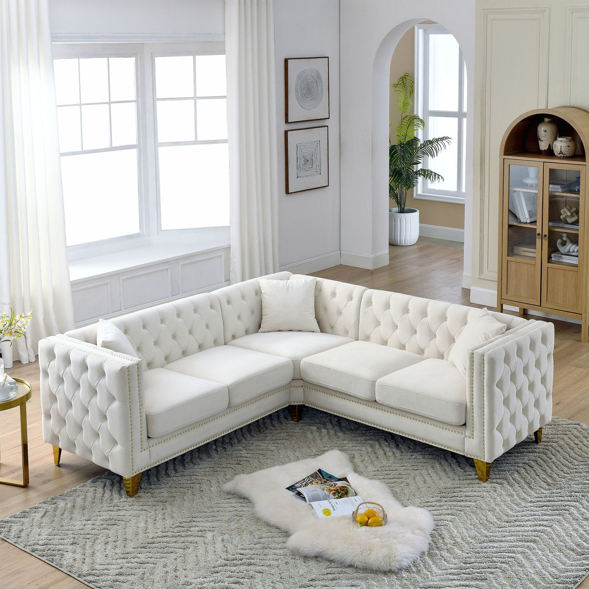 L-Shaped Corner Sofa, 5 Seater Sectional with Tufted Design – Beige or Dark Gray