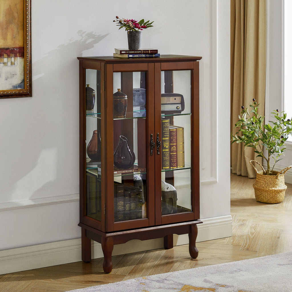Lighted Curio Display Cabinet with Adjustable Shelves - Light Brown, Dark Brown, Dark Red