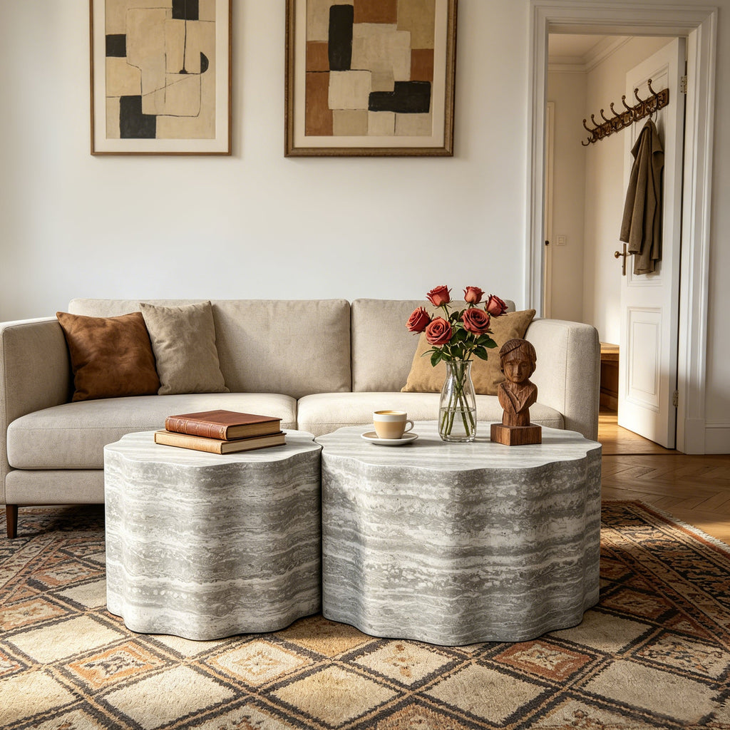 Set of 2 Round Coffee Tables with Faux Mars Pattern - Brown